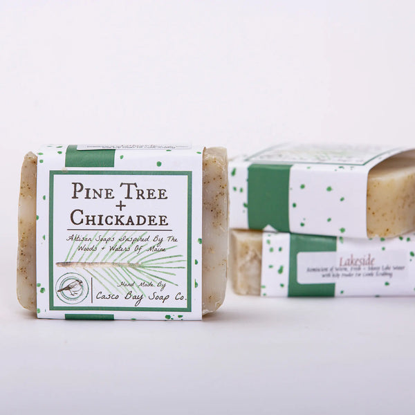Casco Bay Soap Company bar of lakeside soap with pine tree + chickadee wrap