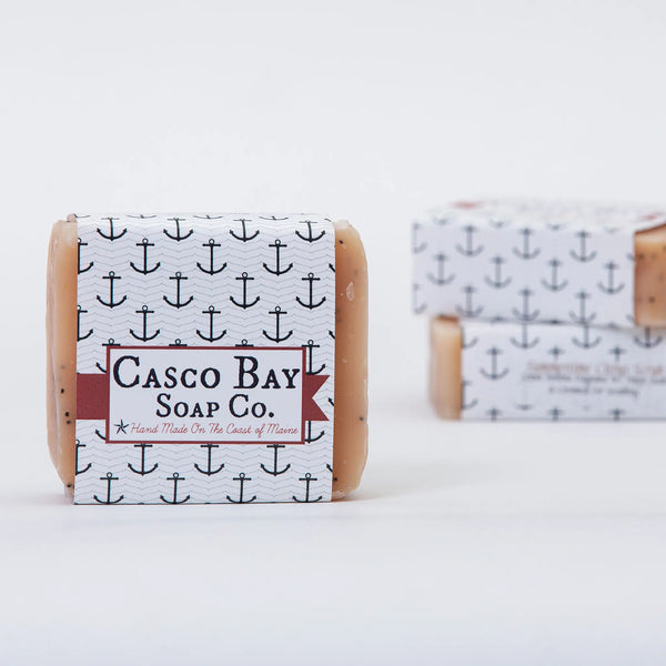 Casco Bay Soap Company bar of summertime citrus scrub soap with anchor design wrap
