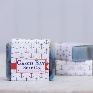 Bar soap from Casco Bay Soap Co. featuring a nautical Hello Sailor design, perfect for cleansing and moisturizing skin.
