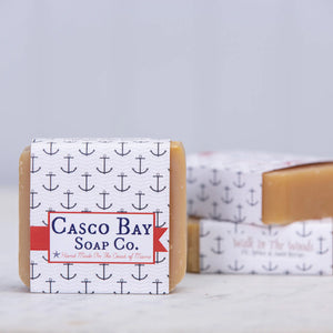 Bar soap from Casco Bay Soap Co., Walk in the Woods scent, with natural ingredients and rustic packaging.