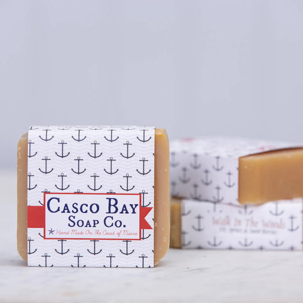 Casco Bay Soap Company bar of walk in the woods soap with anchor design wrap