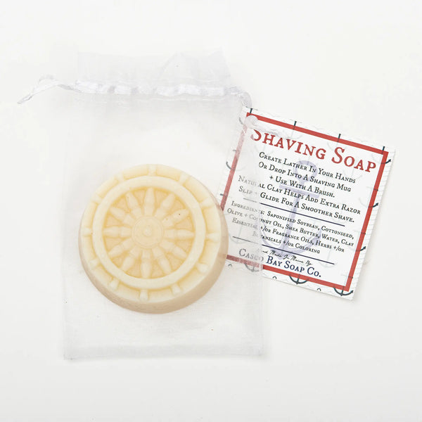 Casco Bay shaving soap disc bar of soap embossed with a ship wheel
