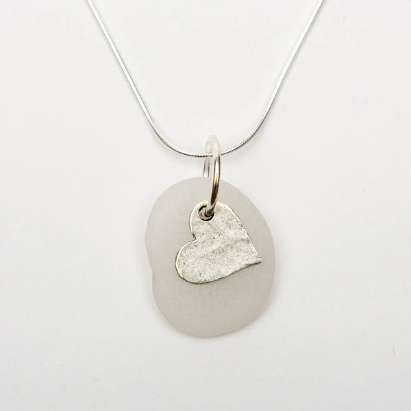 White Sea Glass Necklace with Charm