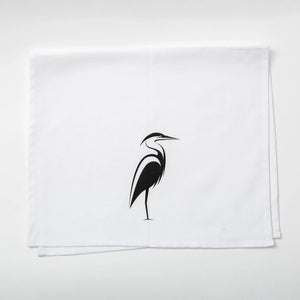 Maine Bird tea towel featuring a heron design from Down East Products, showcasing a detailed illustration of a heron in natural colors.