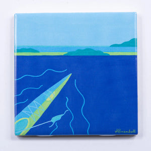 Blue kayak-themed Festive Fish tile coaster featuring vibrant festive design, perfect for protecting surfaces during celebrations.