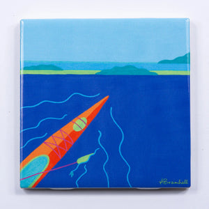 Orange kayak design on Festive Fish festive tile coaster, featuring colorful, decorative ceramic coaster for holiday or everyday use.