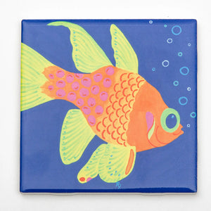 Festive Fish goldfish-themed tile coaster with a vibrant goldfish design on a festive background.