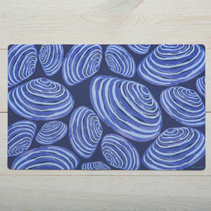 Festive Fish placemat featuring colorful clams on a blue background, perfect for holiday table settings.
