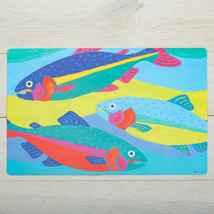 Festive Fish brand placemat featuring three colorful fish design, perfect for holiday or special occasion table settings.