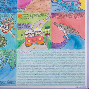 Close-up of the ABCs of Maine poster by Festive Fish featuring colorful, artistic illustrations of Down East destinations.