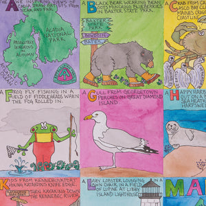 Close-up of the ABCs of Maine poster by Festive Fish, featuring colorful Maine-themed illustrations and typography.