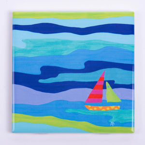 Blue festive tile coaster featuring colorful fish design by Festive Fish, perfect for holiday gatherings and home decor.