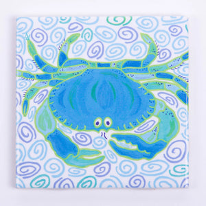 Blue crab design on Festive Fish festive tile coaster, colorful ceramic coaster for protecting surfaces during celebrations.