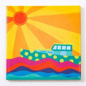 Festive Fish lobster boat tile coaster featuring colorful nautical design, perfect for protecting surfaces with seaside charm.