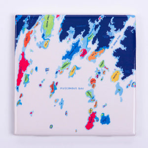 Festive Fish tile coaster featuring Muscongus Bay nautical chart with colorful maritime design and coastal imagery.