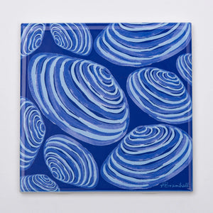Festive Fish brand trivet featuring colorful clams on a blue background, perfect for holiday or seafood-themed table settings.