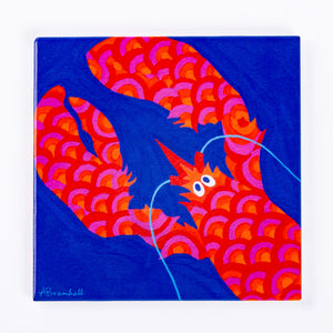 Red rainbow lobster festive trivet by Festive Fish featuring a colorful lobster design on heat-resistant material.