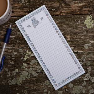 Love Rocks Me notepad featuring a Maine-themed design with love rocks illustrations on white paper.