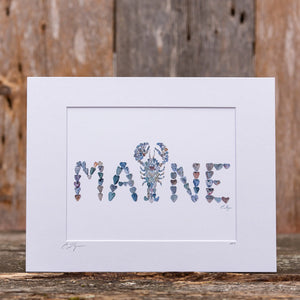 Matted print of a Maine lobster illustration by Love Rocks Me, 8x10 inches, featuring vibrant red lobster details.