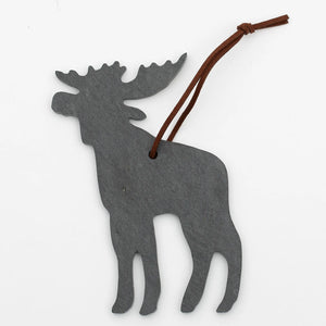 A&E Stoneworks slate moose ornament with a natural finish, showcasing a detailed carved moose design on smooth slate.