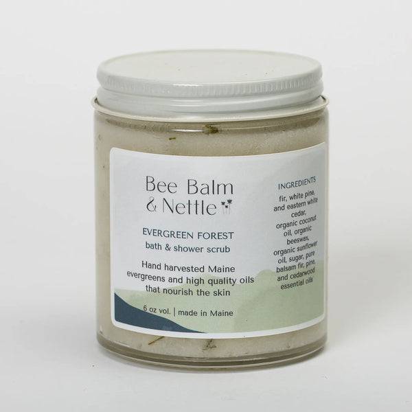 Bee Balm and Nettle glass jar of evergreen forest bath & shower scrub 