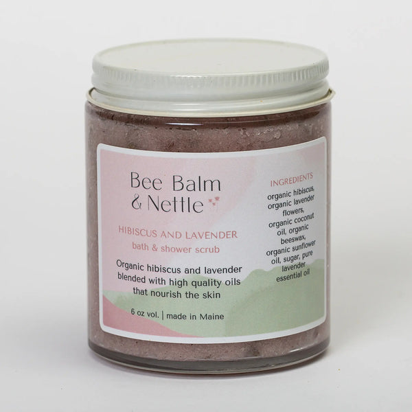Bee Balm and Nettle glass jar of hibiscus and lavender bath & shower scrub