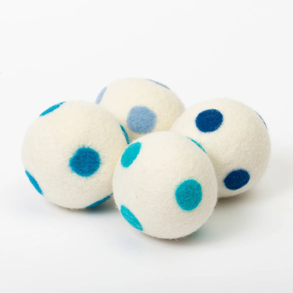 Bee Dandy white dryer balls with shades of blue polka-dots in set of 4