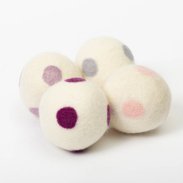 Bee Dandy white dryer balls with shades of purple polka-dots in set of 4