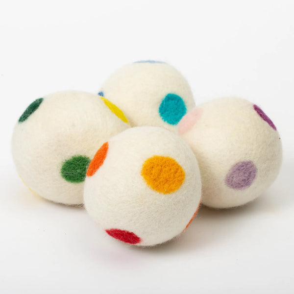 Bee Dandy white dryer balls with rainbow polka-dots in set of 4