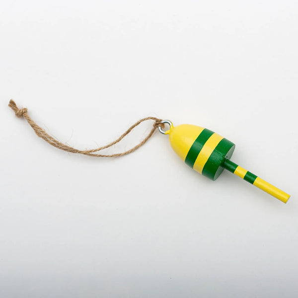 Beth Doan lobster buoy ornament with yellow and dark green stripes