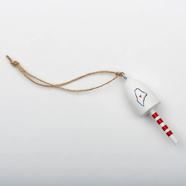 Beth Doan lobster buoy ornament with white and red stripes and a blue outlined state of Maine with a small red heart in the middle
