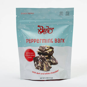 Bixby and Company decorative reclosable zip top bag of peppermint bark dark and white chocolate