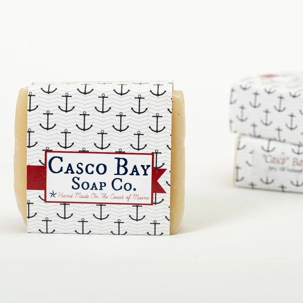 Casco Bay Soap Company bar of bay rum soap with anchor design wrap