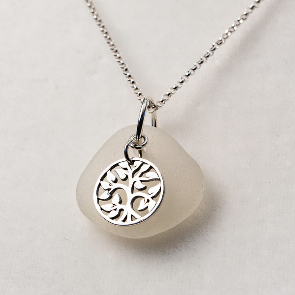 White Sea Glass Necklace with Charm