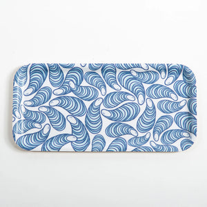 Small Birch Tray by Festive Fish featuring blue mussels on a natural wooden surface, ideal for serving seafood or appetizers.