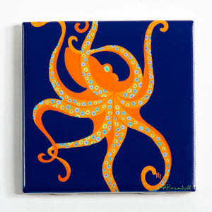Colorful Festive Fish tile coaster featuring a dancing octopus design, perfect for protecting surfaces with a fun marine theme.