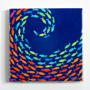 Festival Fish tile coaster featuring a colorful fish design, perfect for protecting surfaces with a vibrant, decorative touch.