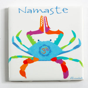 Festive Fish Namaste Crab tile coaster with periwinkle background, decorative ceramic coaster for drinks.