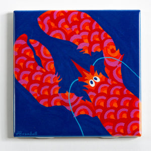 Red rainbow lobster festive tile coaster from Festive Fish featuring colorful marine design.