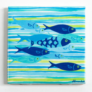 Festive Fish blue tile coaster with fish design, perfect for holiday decor and protecting surfaces during celebrations.