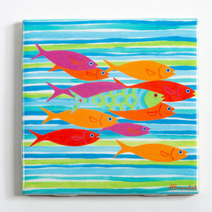 Orange fish design on Festive Fish festive tile coaster with colorful, decorative pattern for table protection.