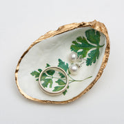 Herb Oyster Shell Ring Dish by Latitude 43 Designs, featuring a natural oyster shell with herbal green accents, ideal for jewelry storage