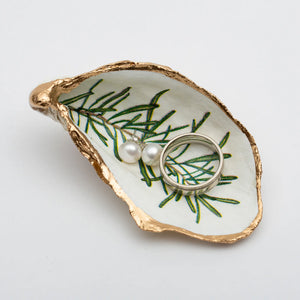 Herb Oyster Shell Ring Dish by Latitude 43 Designs, featuring a natural oyster shell with herb-inspired design for jewelry storage.