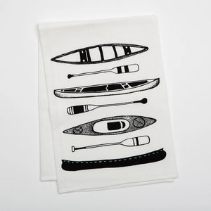 Screen-printed flour sack tea towel with canoe and kayak design by Four + North, featuring a scenic outdoor illustration.