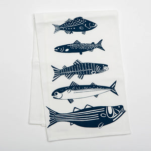 Screen-printed Flour Sack Tea Towel by Four + North featuring a Maine fish design on a white cotton towel.