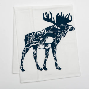Screen-printed Flour Sack Tea Towel by Four + North featuring a stylish moose illustration on white fabric.